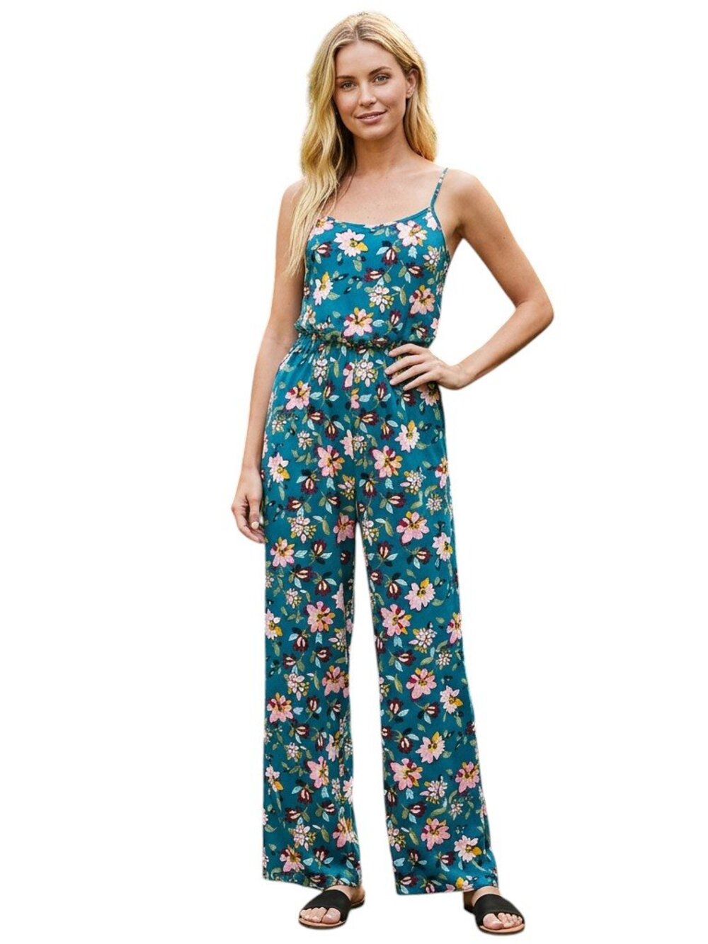 KINGSTON GREY Teal Womens Juniors Floral Print Wide Leg Jumpsuit, XXS